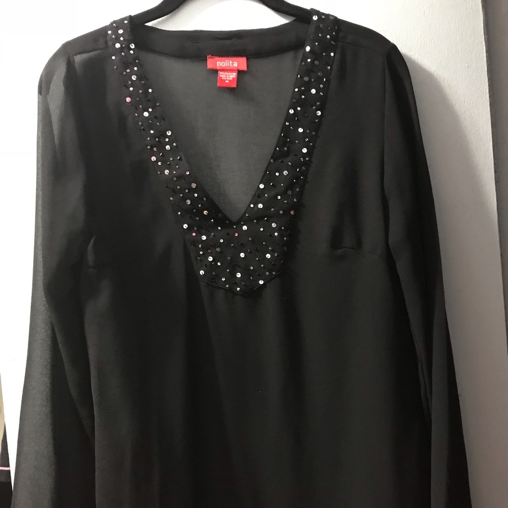 Nolita Sheer Black Tunic with sequined v-neck sz M